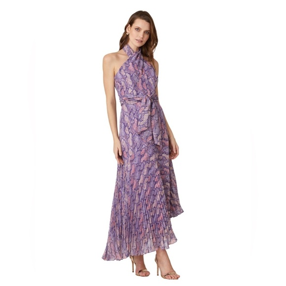 SHOSHANNA Roya Dress 10 Lavender Purple Snake Print Midi Pleated Chiffon Wedding - Picture 2 of 10